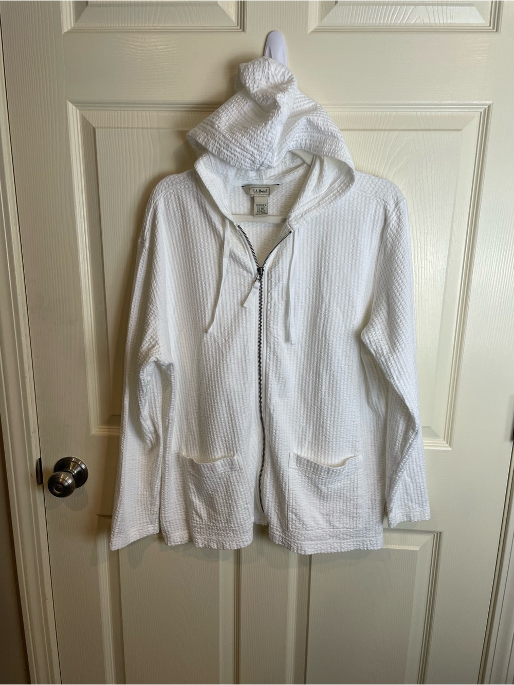 LL Bean Cotton Waffle Textured White Hooded full zip Jacket - Women Large